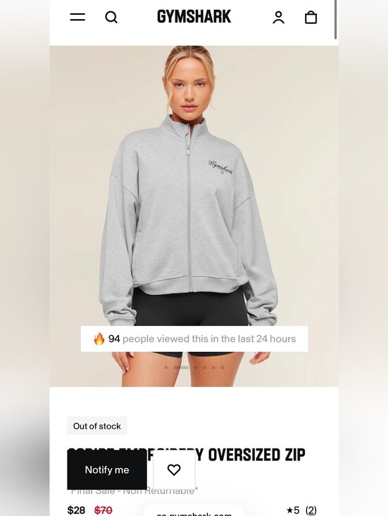 Gymshark Tops - Gymshark Light Gray Full-Zip Oversized Jacket xl